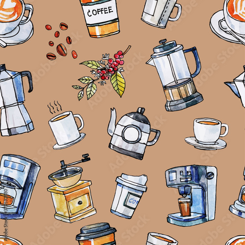 Hand drawn watercolor and black line art of coffee equipment pattern. Including, mug, jar, coffee machine, Arabica beans, Arabica plant and a lot type of coffee cup. 