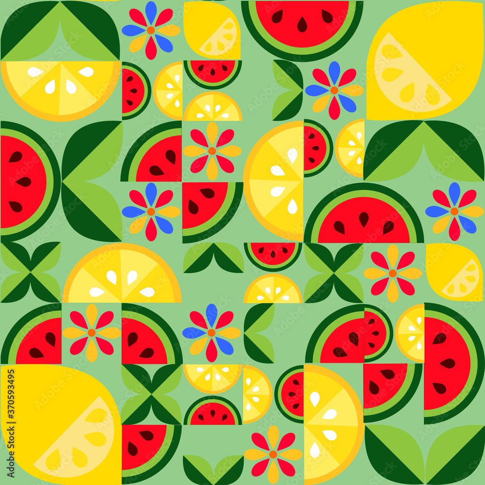 Seamless fruit pattern of lemon slices, watermelon and flowers on a light green background .Vector graphic. Seamless fruit pattern of lemon slices, watermelon and flowers on a light green background .Vector graphic.