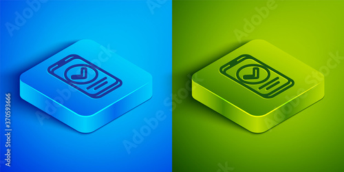 Isometric line Smartphone, mobile phone icon isolated on blue and green background. Square button. Vector.