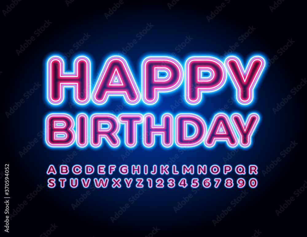 Vector neon greeting card Happy Birthday. Bright electric Font. Creative glowing Alphabet Letters and Numbers