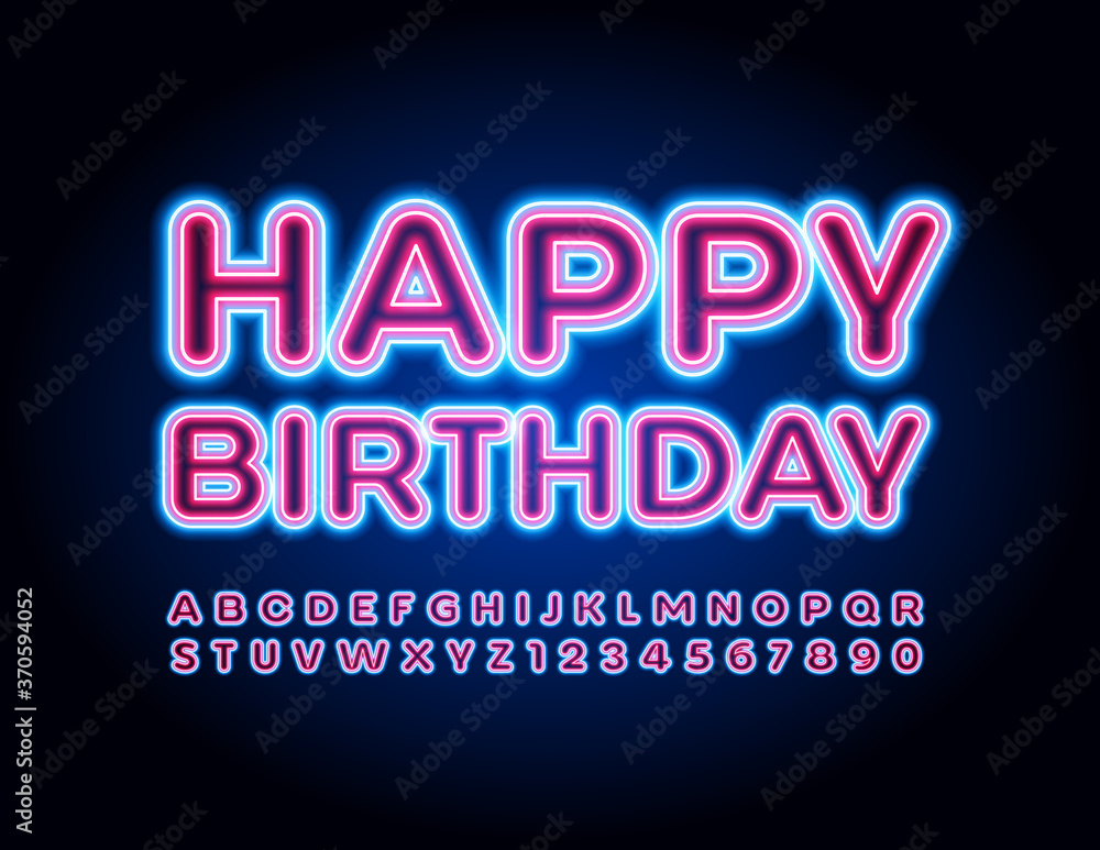 Vector neon greeting card Happy Birthday. Bright electric Font. Creative glowing Alphabet Letters and Numbers Vector neon greeting card Happy Birthday. Bright electric Font. Creative glowing Alphabet Letters and Numbers