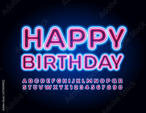 Vector neon greeting card Happy Birthday. Bright electric Font. Creative glowing Alphabet Letters and Numbers