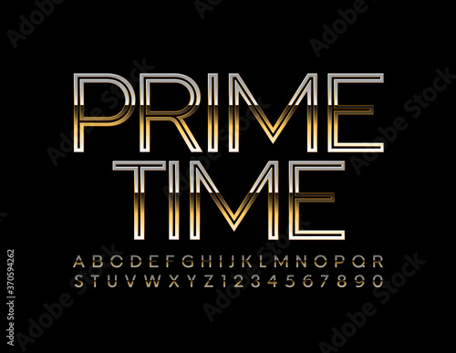 Vector modern Gold emblem Prime Time. Elegant chic Font. Luxury creative Alphabet Letters and Numbers