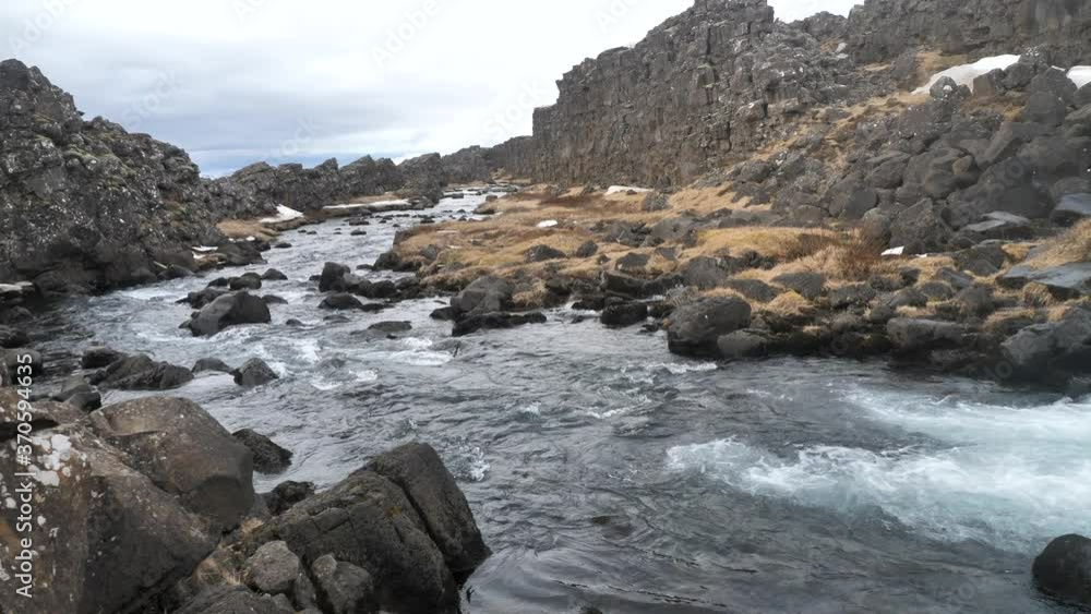 Pan Shot Of Oxarar River and Waterfall In Wintertime, Pingvellir Pan Shot Of Oxarar River and Waterfall In Wintertime, Pingvellir