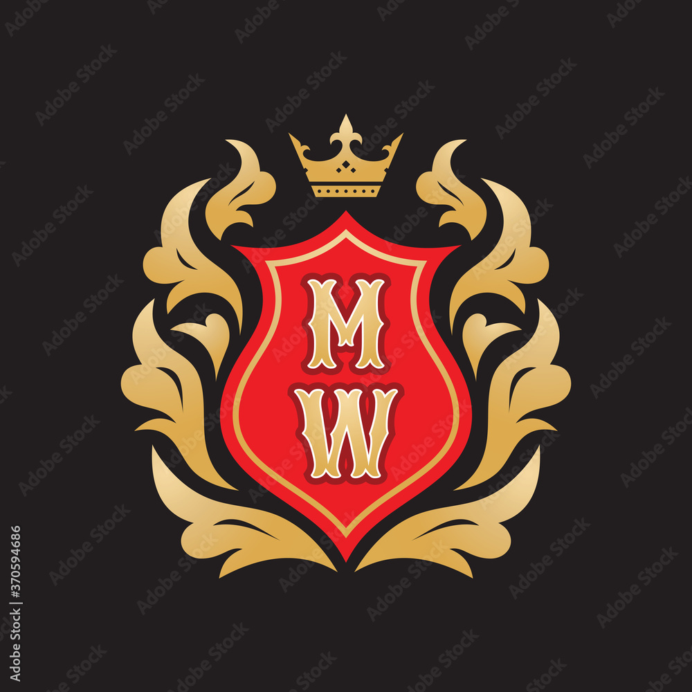 Obraz premium Monogram MW letters - concept logo template design. Crest heraldic luxury emblem. Red shield, golden leaves and crown. Initials M & W. Vector illustration.
