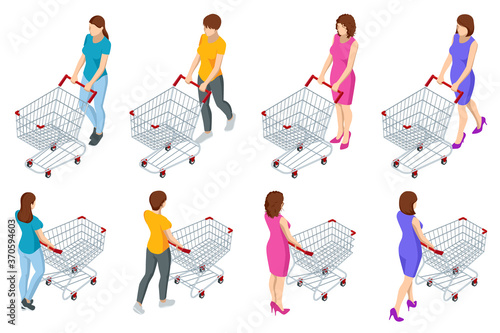 Shopping cart full of food. Woman pushing supermarket shopping cart full of groceries. Isometric illustration isolated on white background. front and back view