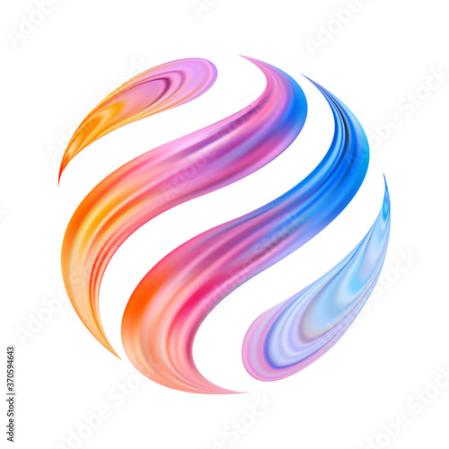 Iridescent streaks enveloped the sphere. Volumetric enveloping with a ribbon around the ball. Fluorescent planet. logo.