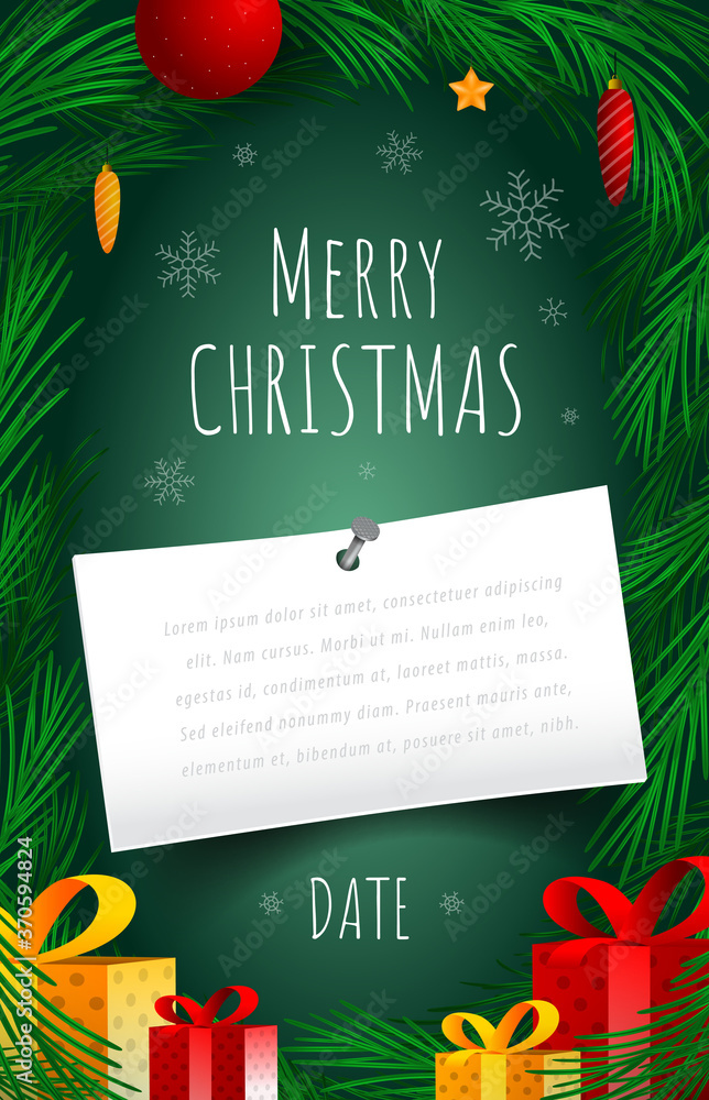 Happy New Yaer Cover Flyer. Spruce branches and gifts frame green background. Vector Illustration