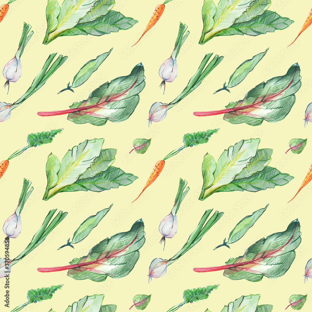 Seamless pattern of hand-drawn watercolor vegetable and green leaves for salad. For wallpaper, background, napkins and textiles
Seamless pattern of hand-drawn watercolor vegetable and green leaves for salad. For wallpaper, background, napkins and textiles