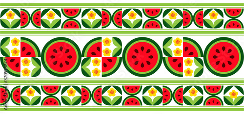 Fototapeta Naklejka Na Ścianę i Meble -  Ornament fruit pattern from slices of watermelon, with leaves and flowers on a white background .Vector graphic. 