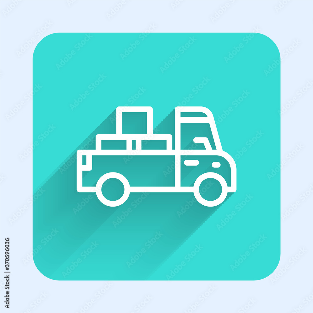 White line Delivery truck with cardboard boxes behind icon isolated with long shadow. Green square button. Vector. White line Delivery truck with cardboard boxes behind icon isolated with long shadow. Green square button. Vector.