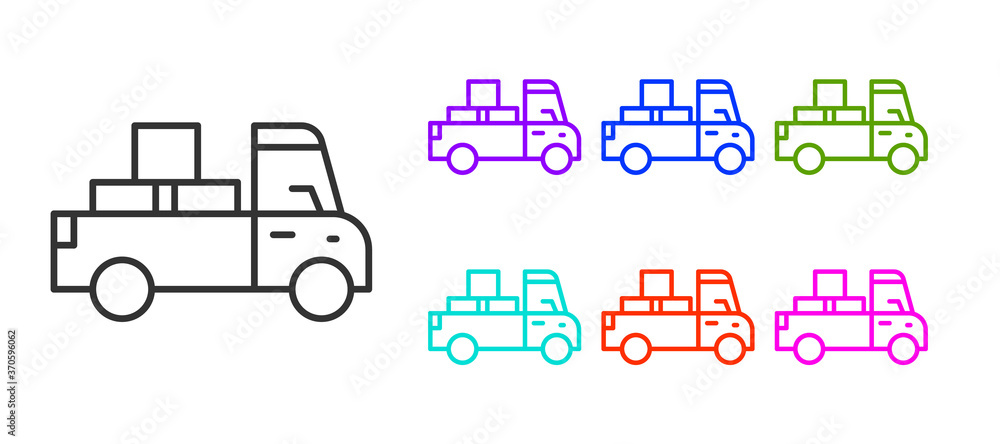 Black line Delivery truck with cardboard boxes behind icon isolated on white background. Set icons colorful. Vector. Black line Delivery truck with cardboard boxes behind icon isolated on white background. Set icons colorful. Vector.