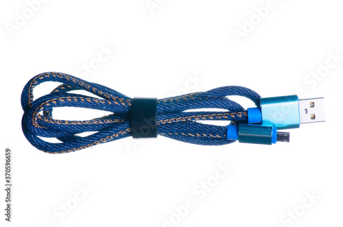 micro USB cable on white background isolation, top view