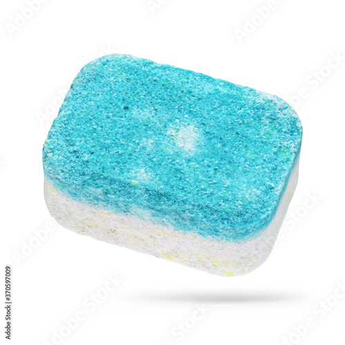 Turquoise dishwasher detergent tablet isolated on white background