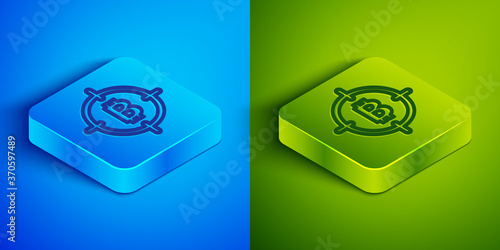 Isometric line Bitcoin in the target icon isolated on blue and green background. Investment target icon. Square button. Vector.