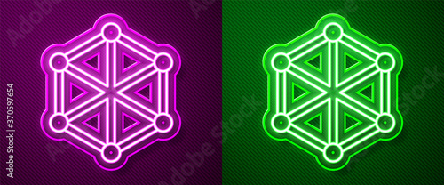 Glowing neon line Blockchain technology icon isolated on purple and green background. Cryptocurrency data. Abstract geometric block chain network technology business. Vector.