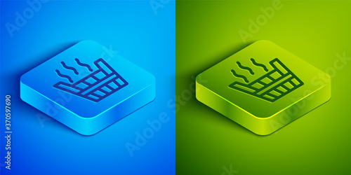 Isometric line Sauna bucket icon isolated on blue and green background. Square button. Vector.