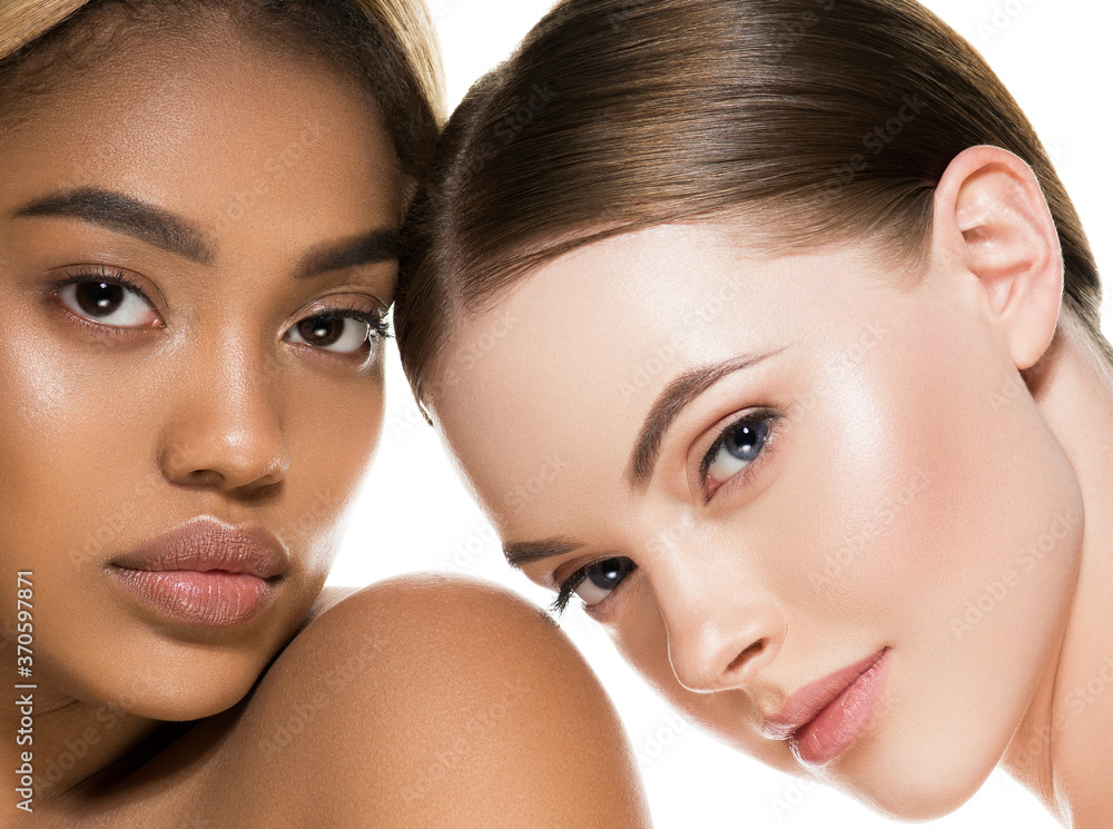 African caucasian beauty women two portrait. Clean skin ethnic concept African caucasian beauty women two portrait. Clean skin ethnic concept