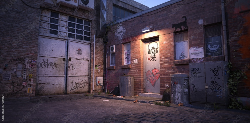 Neon evening in a cyberpunk city of a future. Abandoned warehouse. Photorealistic 3d illustration of the futuristic city. Empty street with neon lights. Neon evening in a cyberpunk city of a future. Abandoned warehouse. Photorealistic 3d illustration of the futuristic city. Empty street with neon lights.