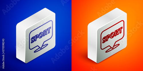 Isometric line Location gym icon isolated on blue and orange background. Silver square button. Vector.