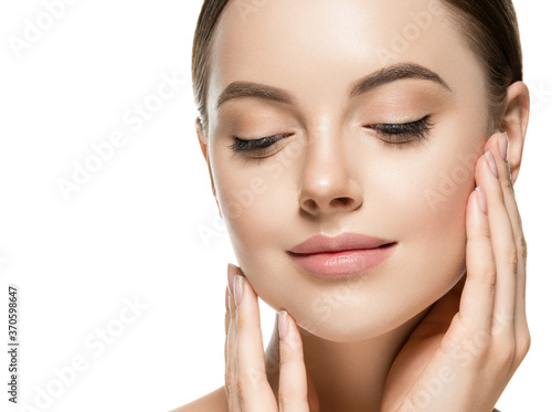 Woman beauty hand touching face clean natural healthy skin