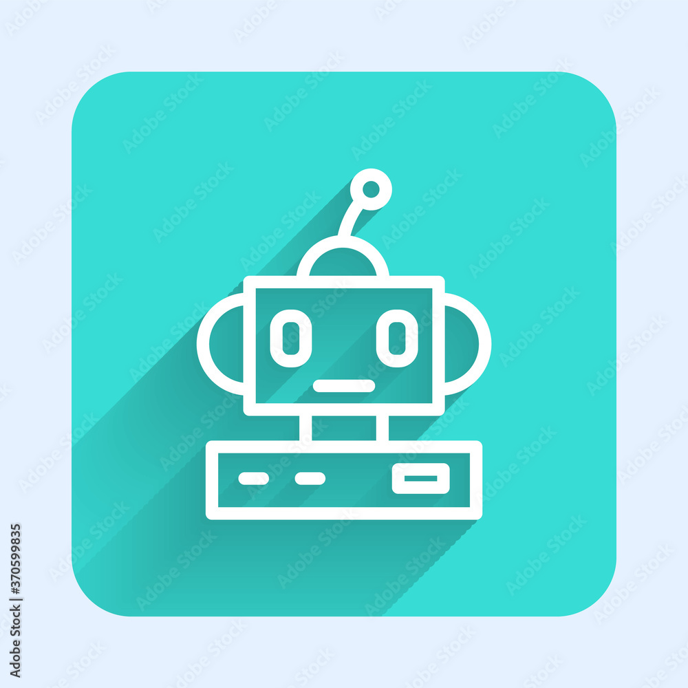 White line Robot toy icon isolated with long shadow. Green square button. Vector. White line Robot toy icon isolated with long shadow. Green square button. Vector.