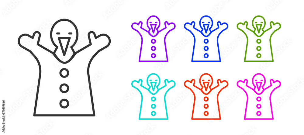 Black line Toy puppet doll on hand icon isolated on white background. Set icons colorful. Vector. Black line Toy puppet doll on hand icon isolated on white background. Set icons colorful. Vector.