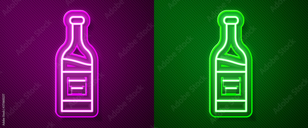 Glowing neon line Bottle of wine icon isolated on purple and green background. Vector. Glowing neon line Bottle of wine icon isolated on purple and green background. Vector.