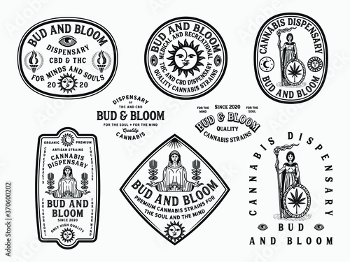 Bud and Bloom black cannabis badges on white background
