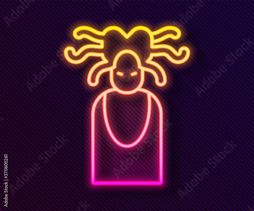 Glowing neon line Medusa Gorgon head with snakes greek icon isolated on black background. Vector.
