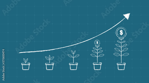 Financial concept with plant growing pot and moving up business graph arrow in chalk scribble design on blue color background