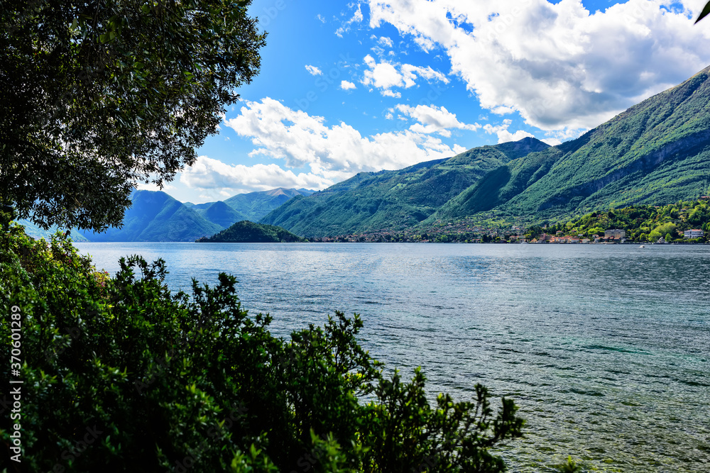 The coast of Lake Como and the surrounding mountains. Italy