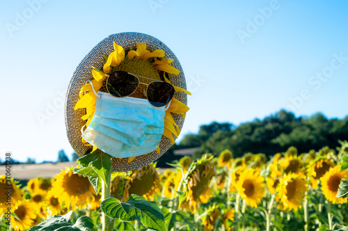 Sunflowers that look like people these days with mask, sunglasses and a hat III