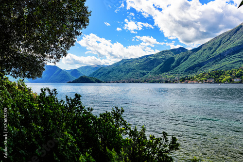 The coast of Lake Como and the surrounding mountains. Italy