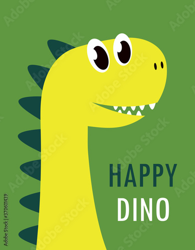 cute cartoon happy dinosaur card, vector illustration