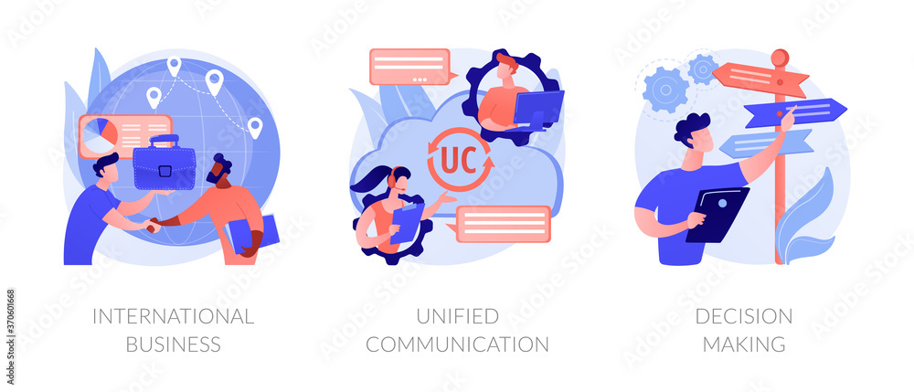 Fototapeta premium Business communication and collaboration, teamwork, partnership. International business, unified communication, decision making metaphors. Vector isolated concept metaphor illustrations.