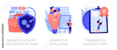 Company success guarantees. Business continuity and disaster recovery, competitive intelligence, standard for quality control metaphors. Vector isolated concept metaphor illustrations.