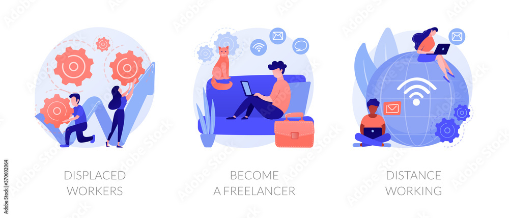 Unemployment and remote job opportunities abstract concept vector illustration set. Displaced workers, become a freelancer, distance working, entrepreneurship online, digital nomad abstract metaphor. Unemployment and remote job opportunities abstract concept vector illustration set. Displaced workers, become a freelancer, distance working, entrepreneurship online, digital nomad abstract metaphor.