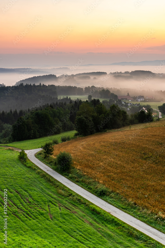 Fototapeta premium Beautiful Sunrise in Polish Mountains and Hillside at Ciezkowice in Lesser Poland
