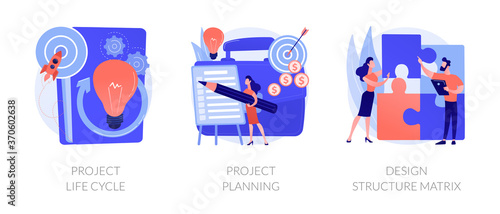 Project life cycle abstract concept vector illustration set. Project planning, design structure matrix, task assignment, business case, business analysis, visual representation abstract metaphor.