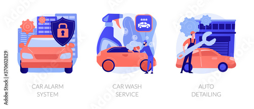 Automobile care service abstract concept vector illustration set. Car alarm system, car wash service, auto detailing, anti-theft, automatic wash, full service, vehicle detailing abstract metaphor.
