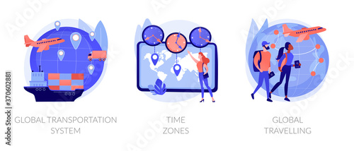 International business coordination abstract concept vector illustration set. Global transportation system, time zone, global travelling, worldwide logistics, travel agency, jet lag abstract metaphor.