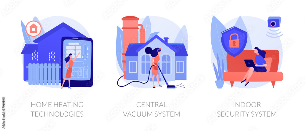 Fototapeta premium Home technologies abstract concept vector illustration set. Home heating, central vacuum system, indoor security, smart house appliance automation, mobile application, household abstract metaphor.