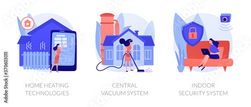 Home technologies abstract concept vector illustration set. Home heating, central vacuum system, indoor security, smart house appliance automation, mobile application, household abstract metaphor.