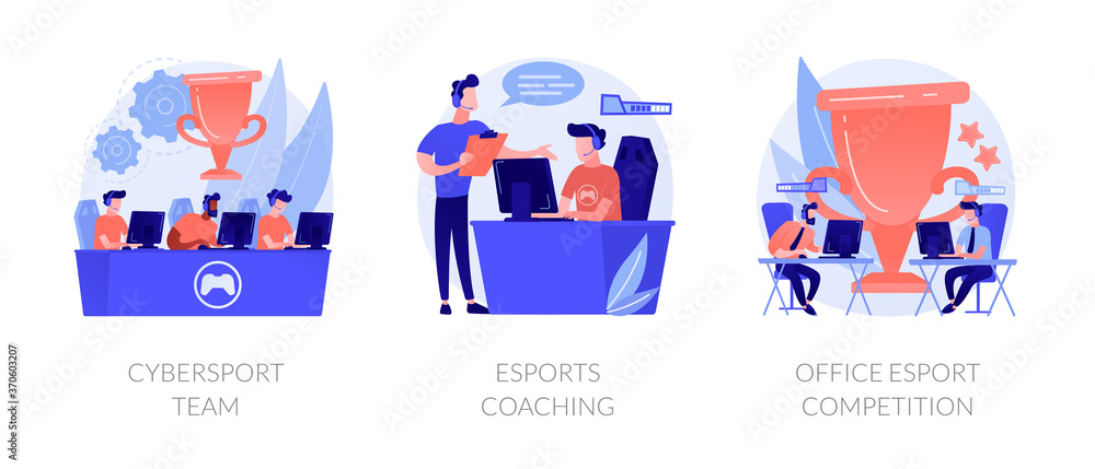 Fototapeta premium E-games tournament abstract concept vector illustration set. Cybersport team performance, esports coaching, office esport competition, computer club, battle arena, live streaming abstract metaphor.