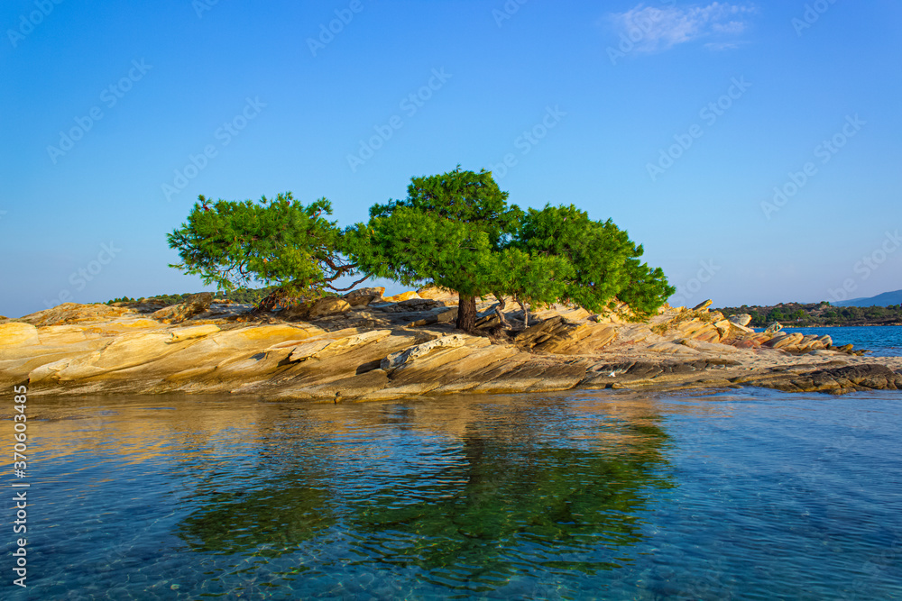 summer landscape nature scenic view Mediterranean sea bay small rocky island and vivid green tree in June day