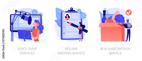 Online based jobs abstract concept vector illustration set. Voice over services, resume writing, box subscription, audio and video production, CV online, box delivery startup abstract metaphor.