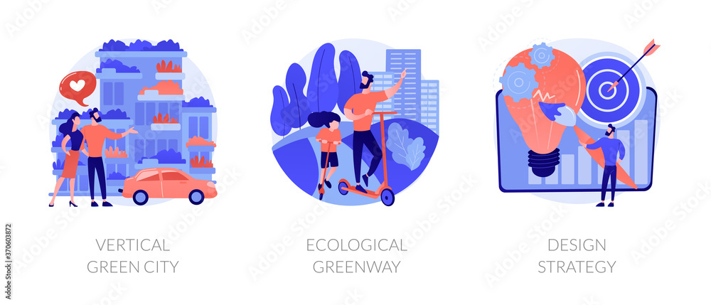 Environmental urban solutions abstract concept vector illustration set. Vertical green city, ecological greenway, design strategy, space-saving eco solution, landscape ecology abstract metaphor. Environmental urban solutions abstract concept vector illustration set. Vertical green city, ecological greenway, design strategy, space-saving eco solution, landscape ecology abstract metaphor.
