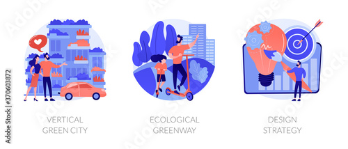 Environmental urban solutions abstract concept vector illustration set. Vertical green city, ecological greenway, design strategy, space-saving eco solution, landscape ecology abstract metaphor.