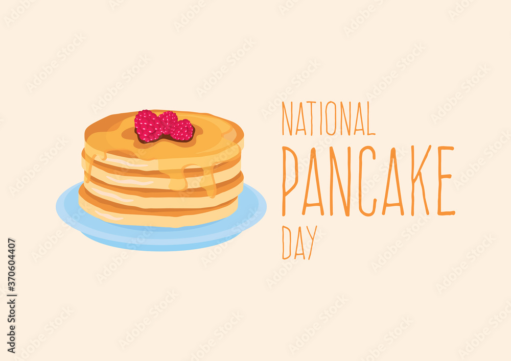 National Pancake Day vector. Pancakes with syrup and raspberries vector. Pile of pancakes on a plate icon. Important day National Pancake Day vector. Pancakes with syrup and raspberries vector. Pile of pancakes on a plate icon. Important day